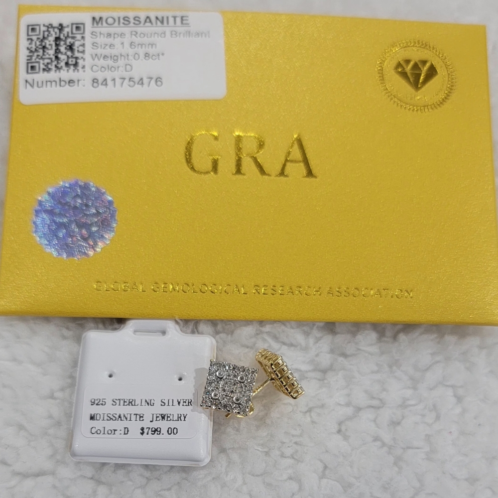 Square Moissanite Gender Neutral Studs. Gold Over Sterling Silver